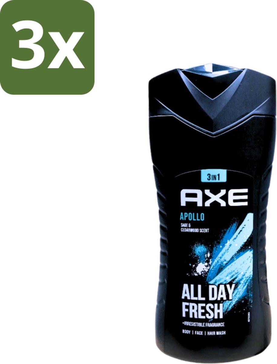 3 x Axe - 3-in-1 Douchegel - Apollo - Sage & Cedarwoord - All Day Fresh - 400 ml - Douchegel - Lichaam - Gezicht - Haar - Salie