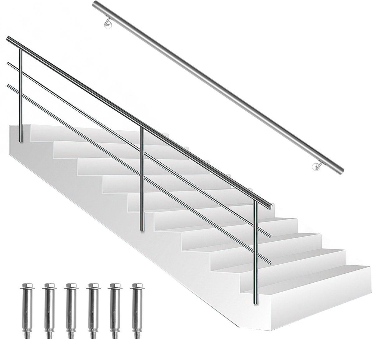 Trapleuning RVS 200 cm Ø42 mm, wandhandgreep van 304 roestvrij staal met geborstelde afwerking, voor binnen buiten balkon en terras
