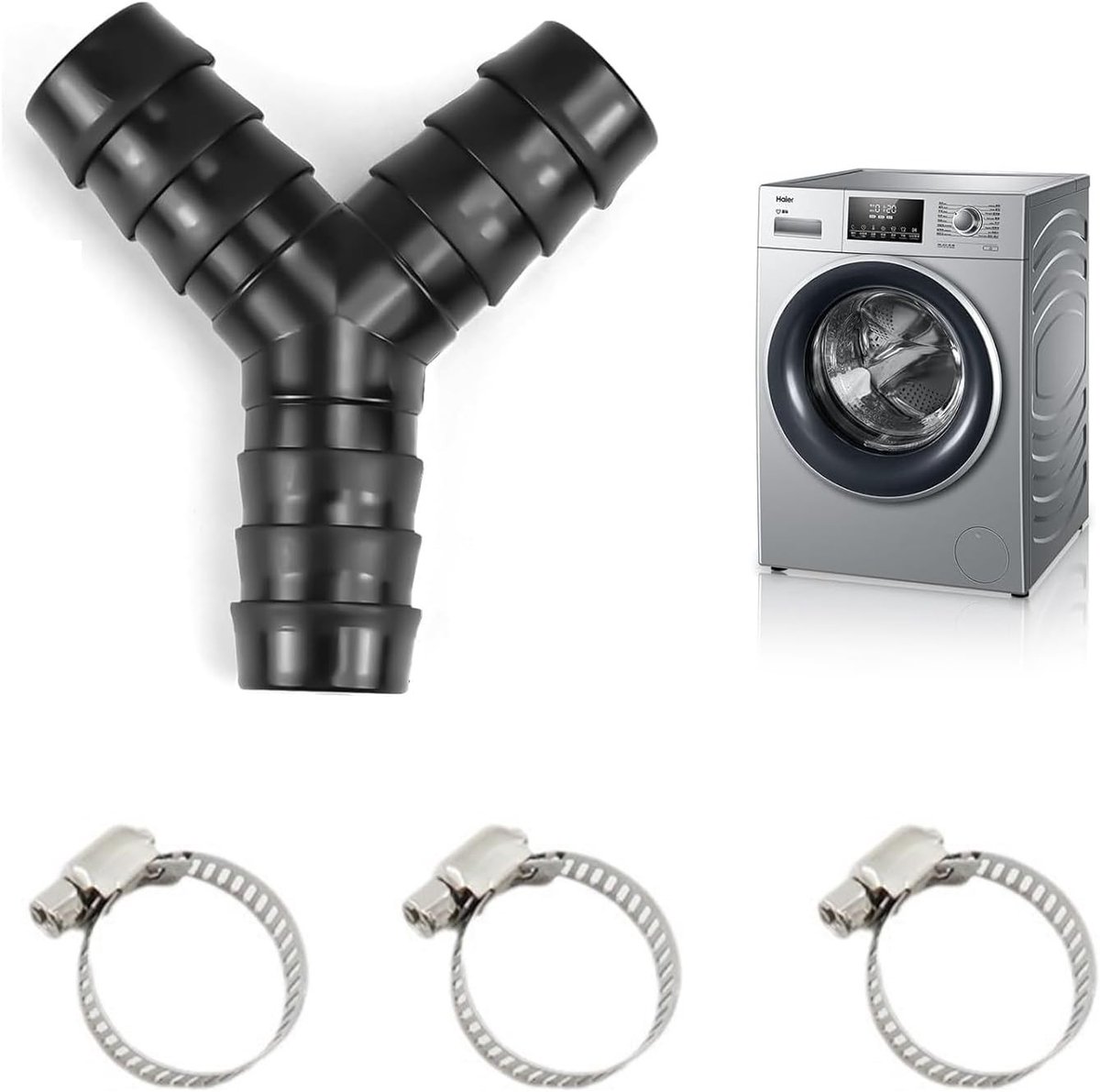 Y-distributor 3-weg slangaansluiting met 3 slangklemmen 19mm voor wasmachine, vaatwasser en afvoer in wit, universeel voor huis en camper