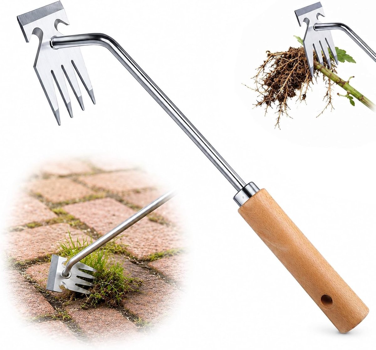 Handmatige onkruidverwijderaar van roestvrij staal met houten handvat voor eenvoudig onkruid bestrijden in de tuin, ideaal tuingereedschap voor effectieve onkruidbestrijding en tuinonderhoud