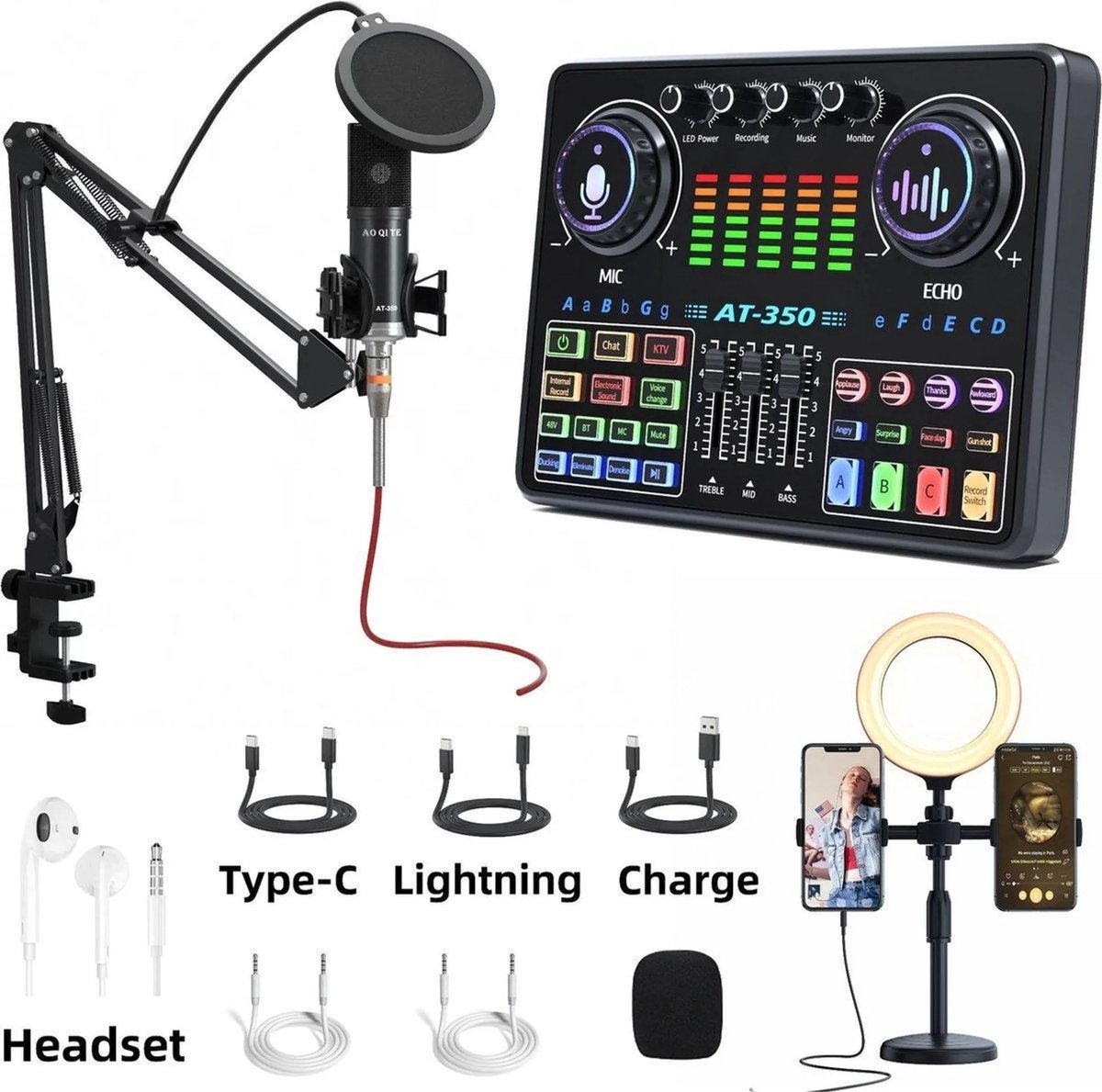 Podcast Starterspack - Condensatormicrofoonset met geluidskaart/ringlicht - voor Live Streaming/Podcasting/Zingen/PC/Mobiel/TikTok/YouTube - microfoon arm - Streaming Deck - DJ Mixer