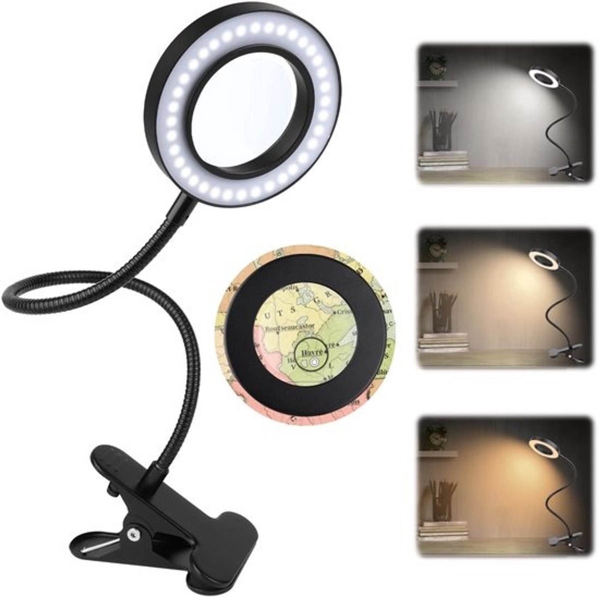 Dailygoods- Vergrootglas met Licht - 5x Vergrootglas - Klemlamp - Zwanenhals - 360° Verstelbaar - Ideaal voor Lezen en Werken - Leeslamp