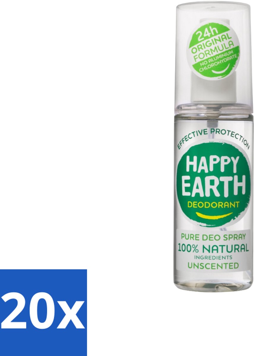 20 x Happy Earth – Deodorant Spray – 100% Natuurlijk Unscented – 100 ml - 100% Natuurlijk - Geurloos - Hypoallergene Deodorant - Natuurlijke Mineralen - Biologische Aloë Vera