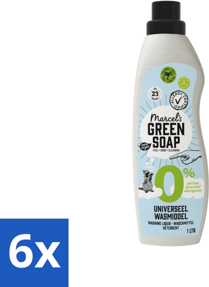 6 x Marcel’s Green Soap – Wasmiddel – Universeel - 0% – Zonder parfum en kleurstof – 1 liter - Wasmiddel 0% Parfum - Gevoelige Huid - Milde Wasmiddel - Duurzame Wasmiddel - Geen Kleurstoffen