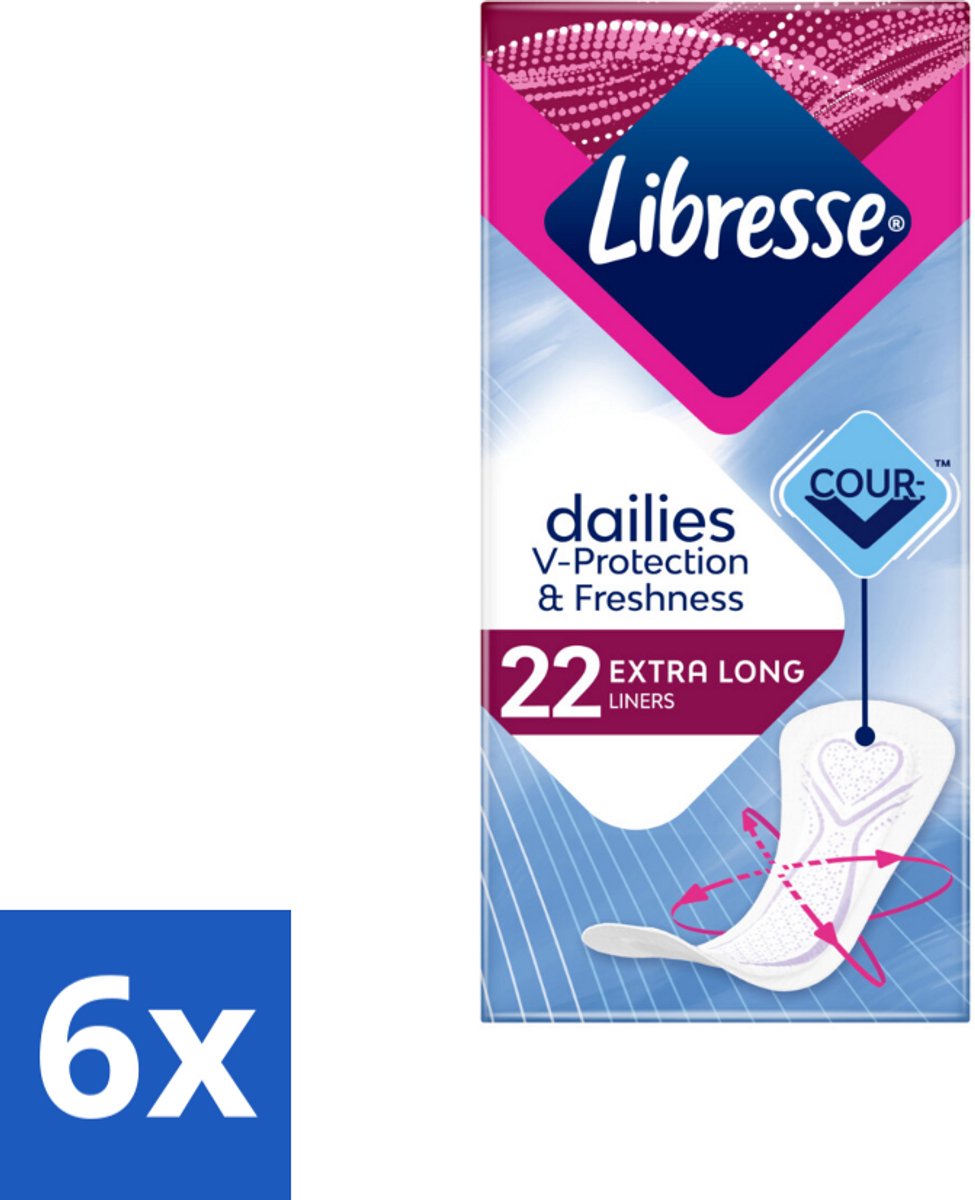 6 x Libresse – Inlegkruisjes – Extra Long – Langdurige bescherming – 22 Inlegkruisjes - Inlegkruisjes - Extra Lang - Bescherming - Comfort - Absorberende Kern