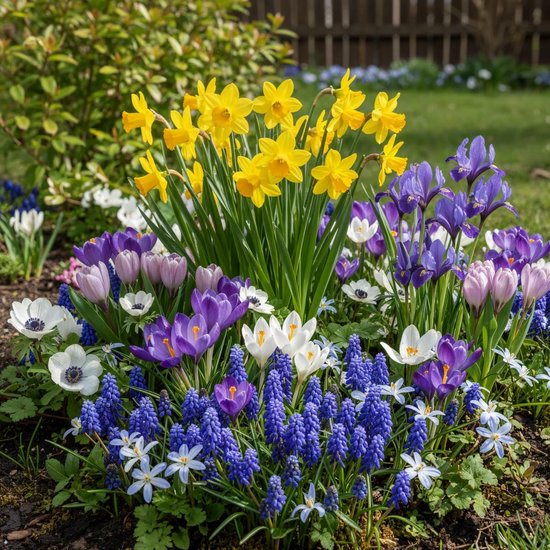 Een bed met kleurrijke lentebloemen: gele narcissen, paarse en witte krokussen, blauwe druifjes en witte anemone.