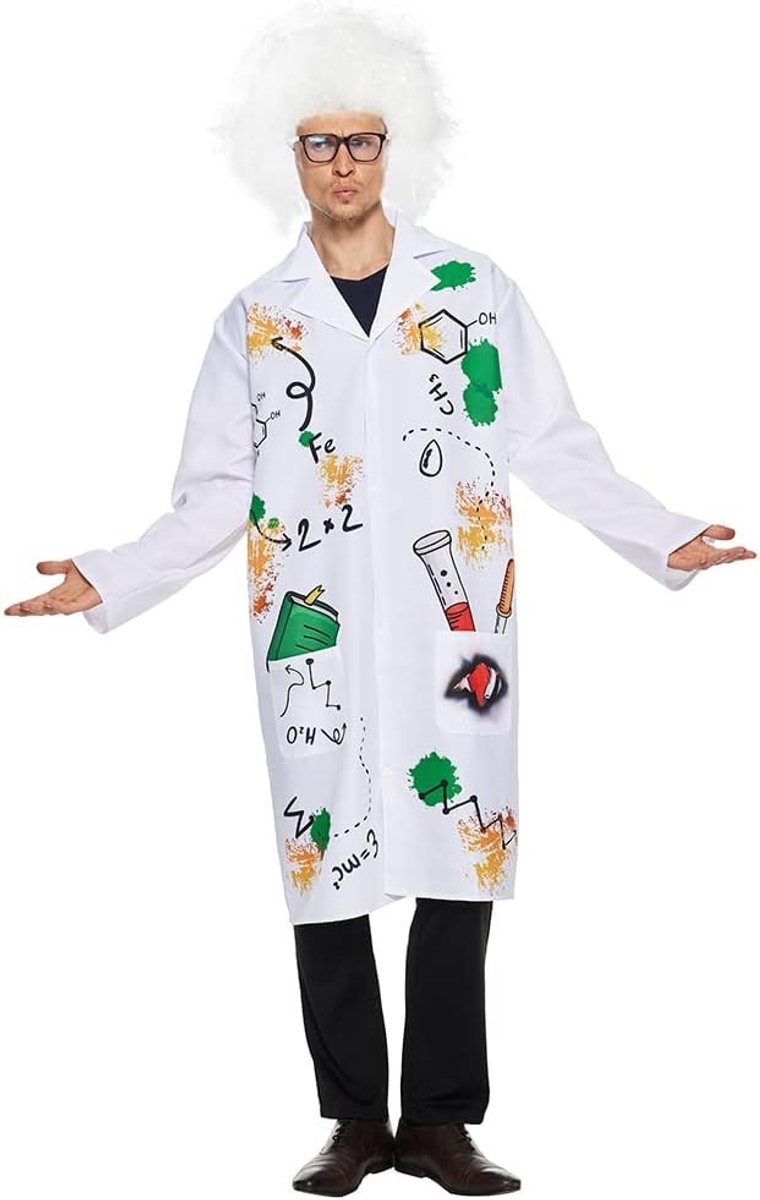 Mad Scientist Kostuum voor Volwassenen met Laboratoriumjas en Perücken voor Halloween en Rollenspel