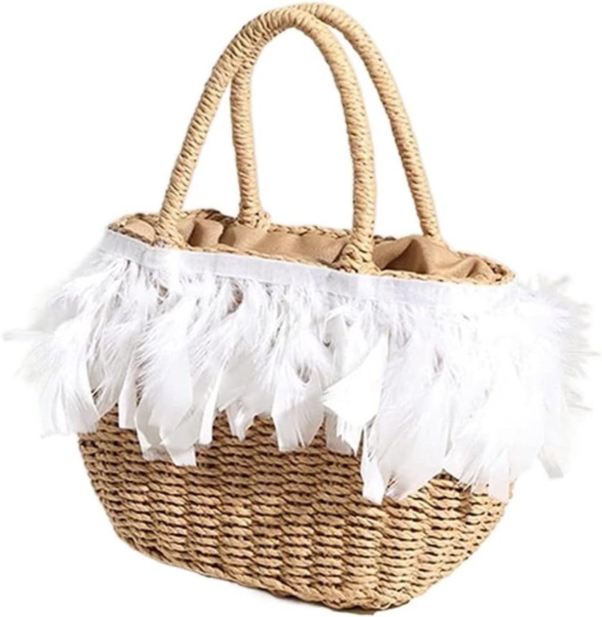 Rieten Draagtas - Stro Geweven Handtas - Strand Vakantie - Decoratief Kunstwerk - 24x18x11 cm - Wit