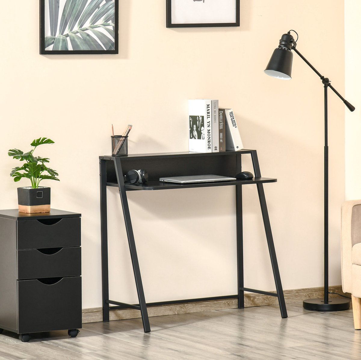 REDOM - Bureau - Computerbureau met opbergrek en kabelmanagement - MDF blad en metalen frame - Moderne stijl - Voor kantoor en studeerkamer - Zwart - 84 x 45 x 85 cm
