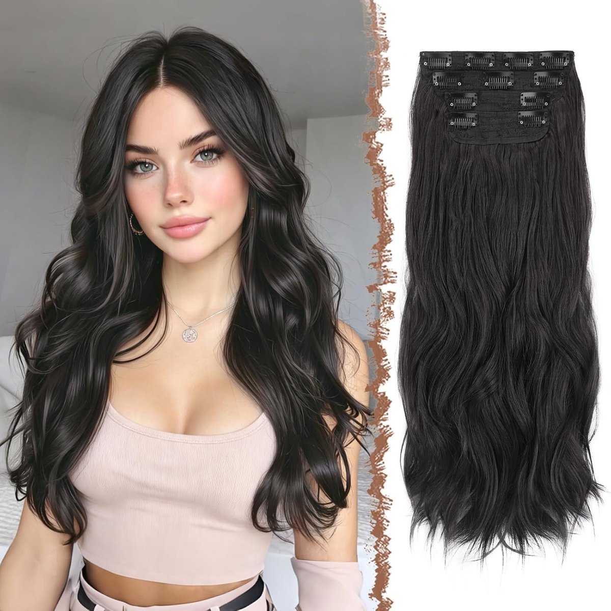 Clip in Haar Extensions - 4 Stuks Lange Golvende Haar Extensions van Synthetisch Haar voor Vrouwen, 60cm Natuurlijke Zwart, Ideaal voor Volumineus Haar en Stijlvolle Look