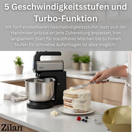 Elektrische Handmixer - Keukenmixer - Bakken en Koken - Automatische Kom Rotatie - 3.5 Liter Kom - Zwart Zilver — afbeelding 3