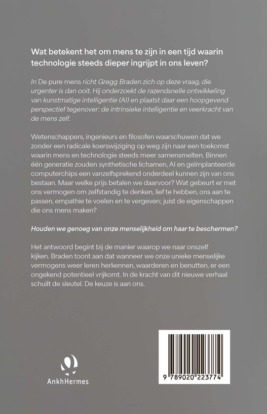 Boekomslag met de titel 'De pure mens' in grote letters. De tekst gaat over technologie en menselijkheid.