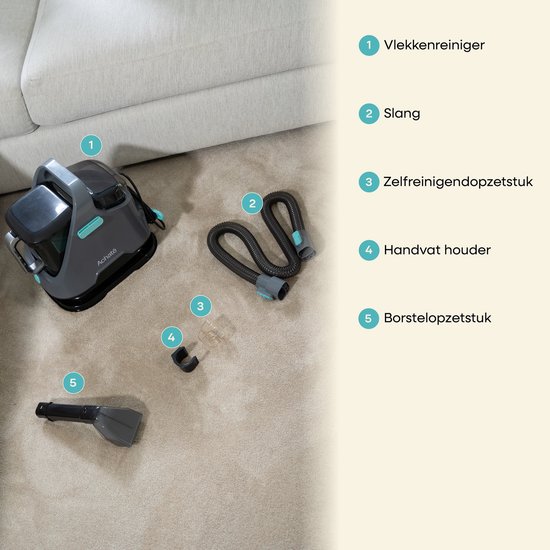 Grijze Achaté reinigingsmachine met 5 onderdelen: vlekenreiniger, slang, zelfreinigend opzetstuk, handvathouder, borstelopzetstuk.