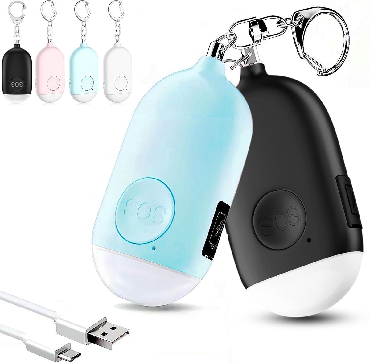 Persoonlijk veiligheidsalarm - 130 dB zelfverdedigingsalarm sleutelhanger - met LED-zaklamp - noodsignaal - anti-wolfalarm - oplaadbaar - geschikt voor vrouwen, studenten en ouderen - zwart + blauw