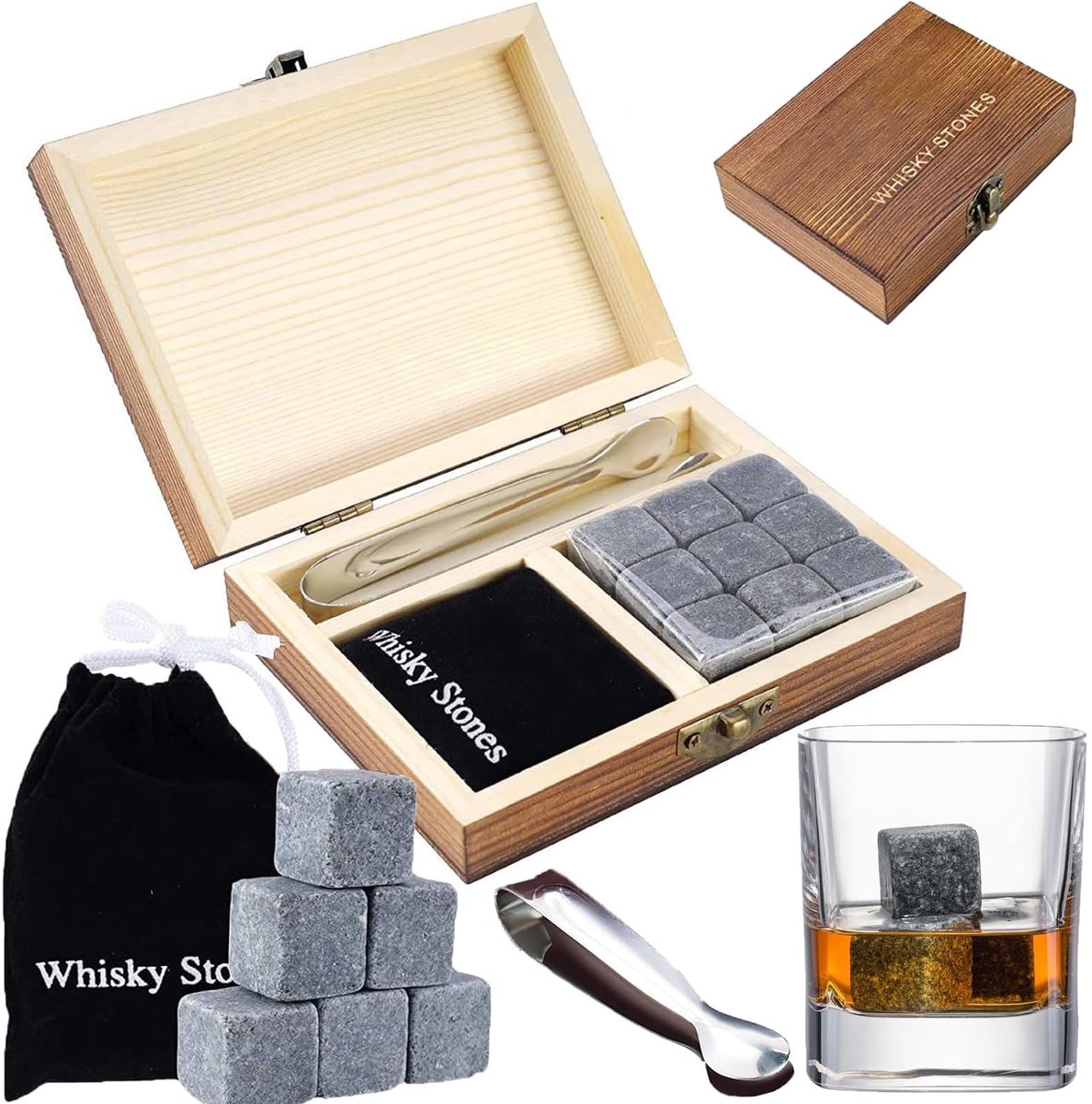 Solidchoice - Whisky Stones Gift Set met Houten Doos en Fluwelen Tas