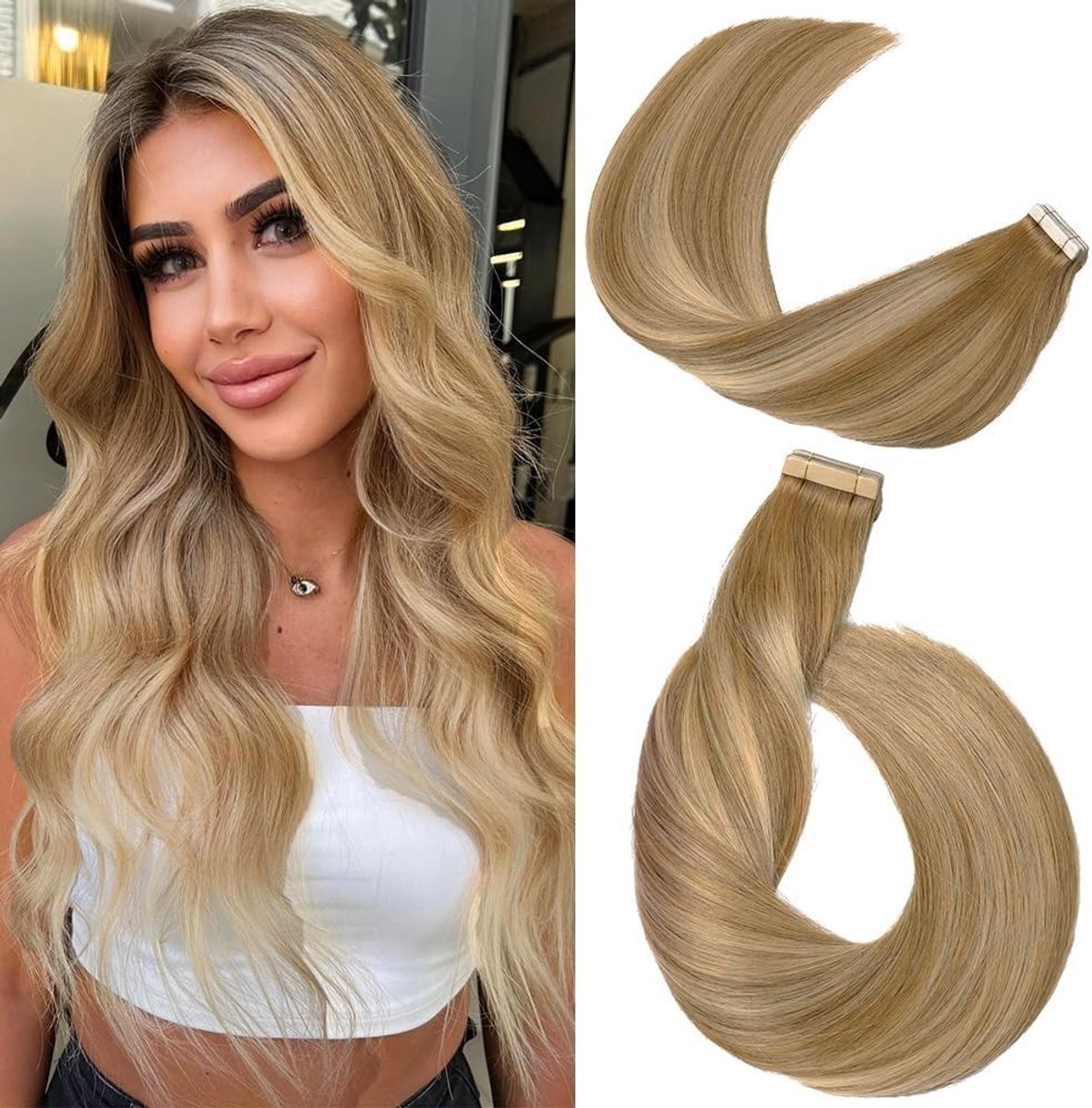 Elzusha - Tape Haarextensions Echte Haar 20 Stuks 45 cm Lichtbruin met Goud