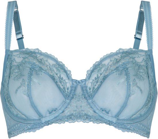 Lichtblauwe non-padded beugelbeha met geborduurde bloemen en kanten details.
