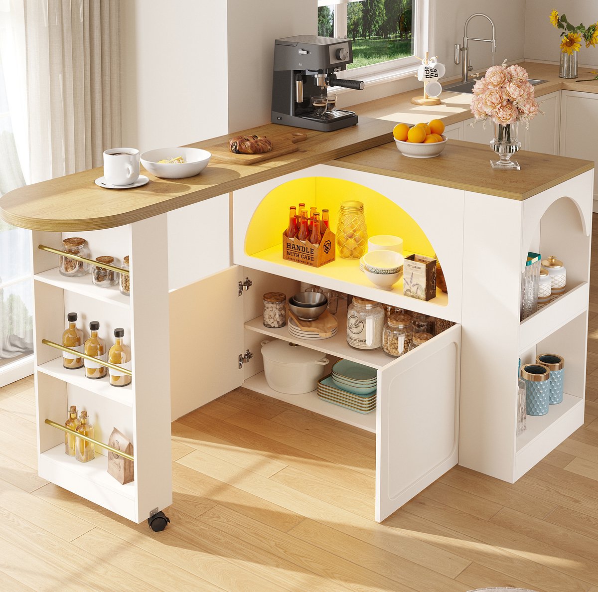 Wishdor Bartafel - Uitschuifbaar en mobiel - LED verlichting en opbergruimte - Modern design - Woonkamer keuken eetkamer kantoor - MDF - Wit - 205 x 39 x 100 cm