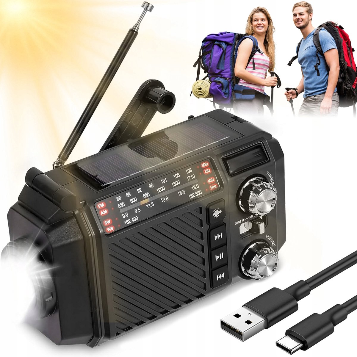 AM/FM Noodradio - Draagbare Survival Radio - LED Zaklamp & Powerbank & SOS Alarm - USB Opladen - 18,2x7,7x10,8 cm - Noodpakket - Voor Kamperen & Wandelen & Vissen & Nood