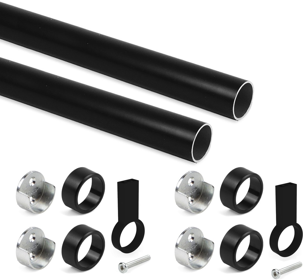 Emuca Lot van 2 ronde kastrails D.28mm lengte 1.15m met beugels, Aluminium en Zamak, Zwart gelakt
