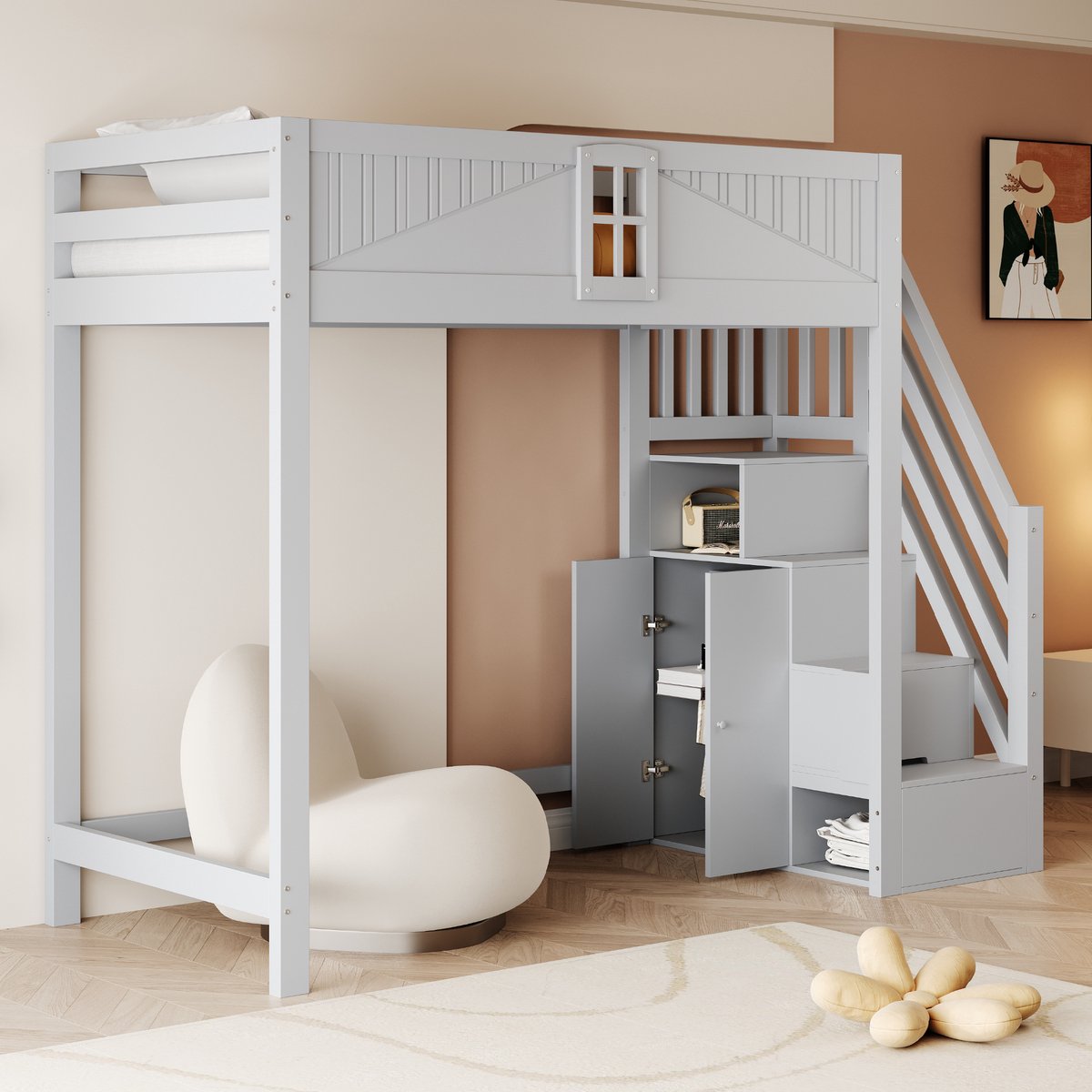 Houten Hoogslaper 90x200 cm - Met Ladder - Met Opbergruimte - Grijs