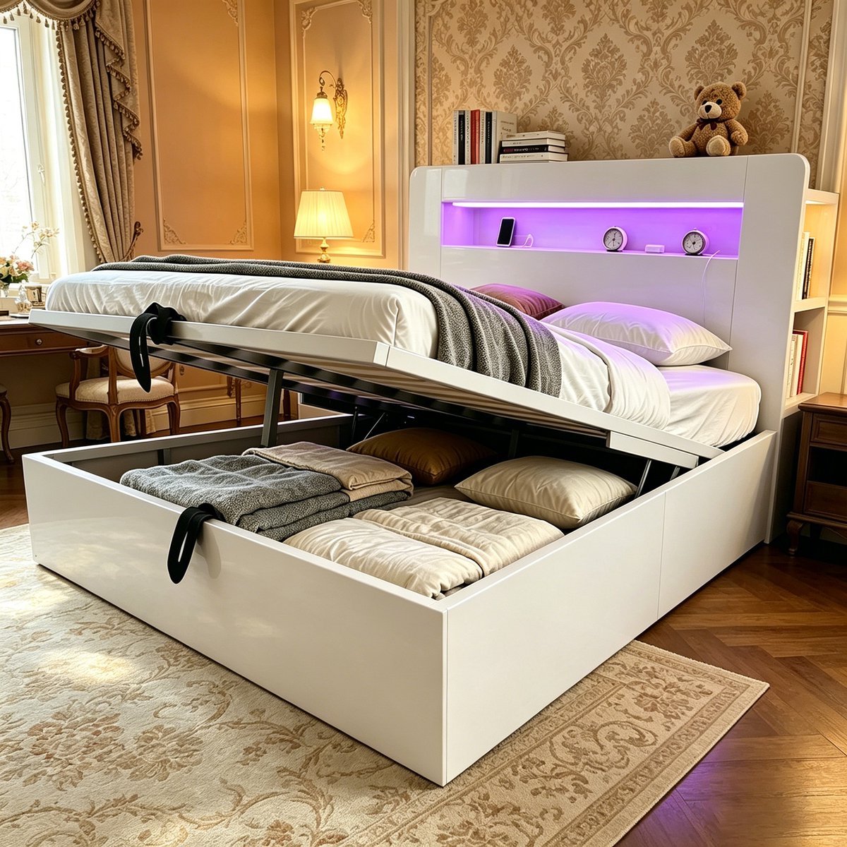 Houten Bed 140x200 cm - Met Opbergruimte - Met LED-verlichting - Met Stopcontact - Wit