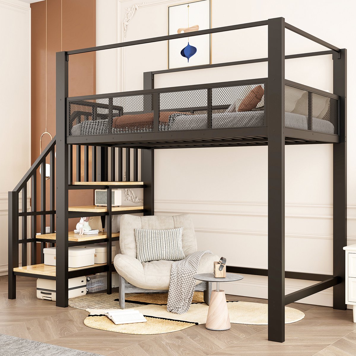 Metalen Hoogslaper 90x200 cm - Met Opbergruimte - Met Bureau - Met Valbeveiliging - Zwart