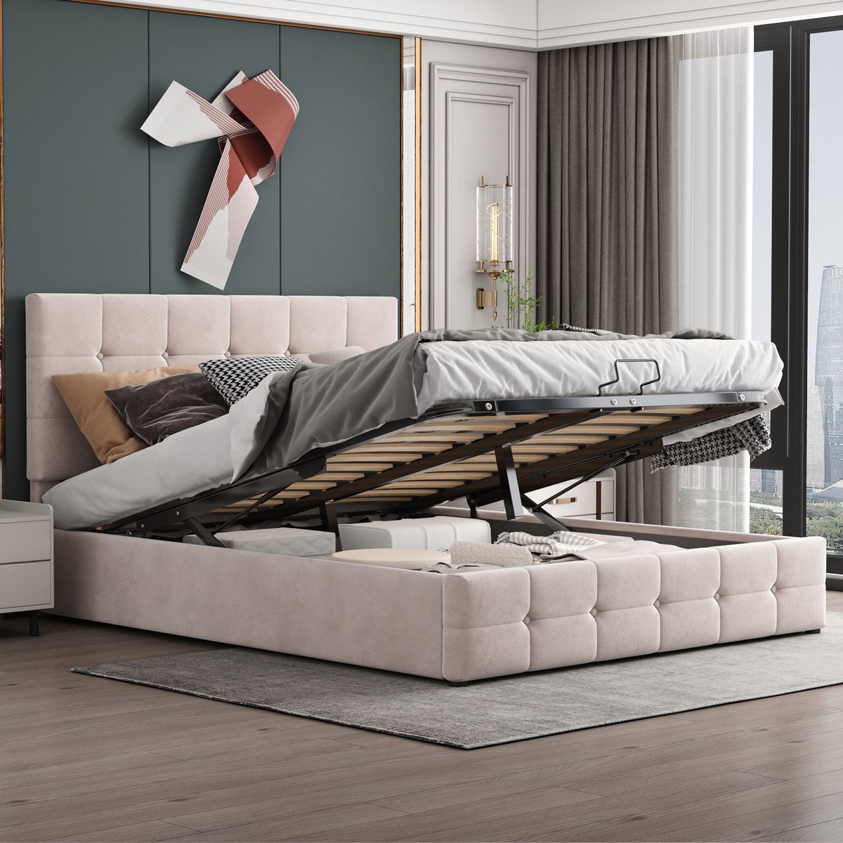 Gepolsterd Kledingkast 140x200 cm - Met Opbergruimte - Met Hoofdeinde - Met Fluweel - Cream Wit