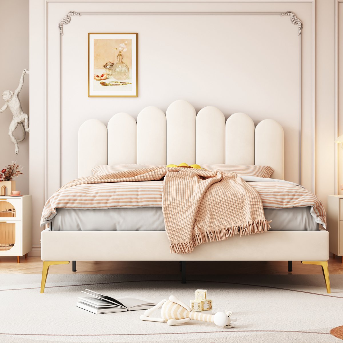 Gepolsterd Bed 140x200 cm - Met Hoofdeinde - Met Fluweel - Verstelbaar - Beige