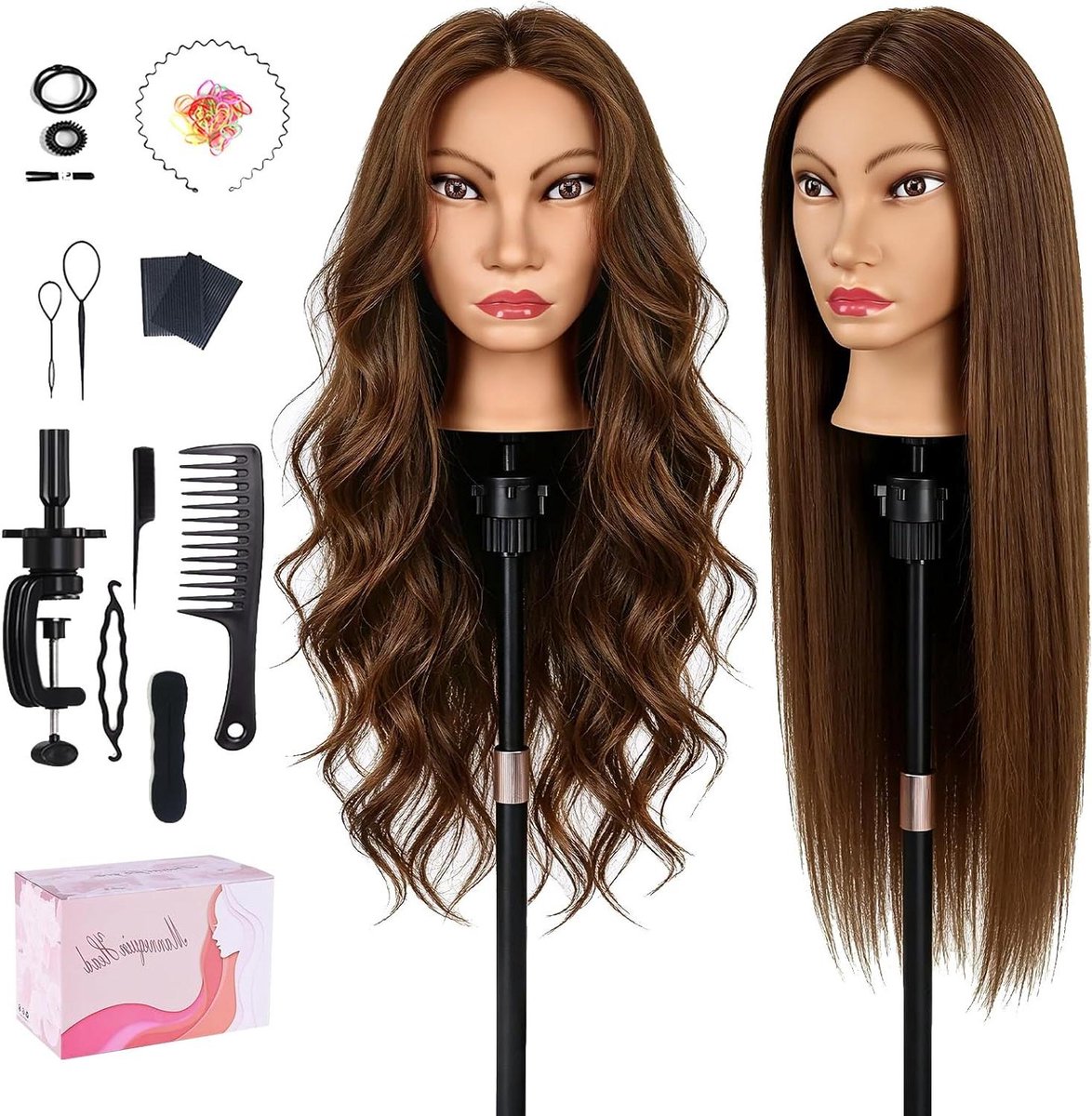 Oefenhoofd Haar - Cosmetologie Poppenhoofd - Haar Styling Oefenen - 80% Echt Haar - 45 cm - Honingbruin