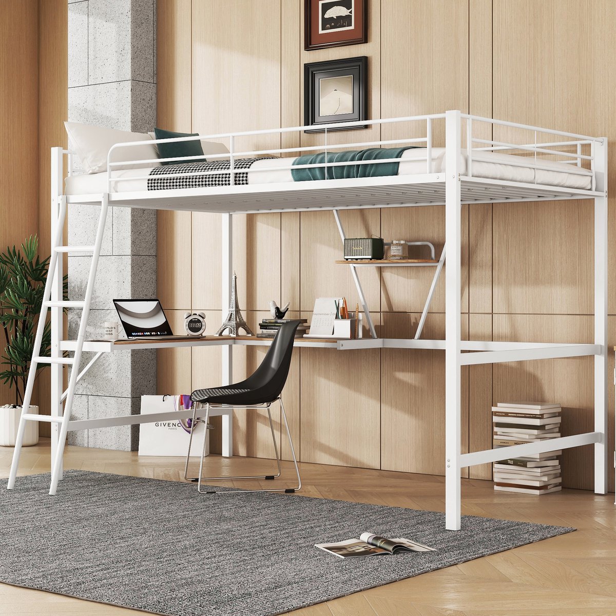 Metalen hoogslaper 90x200 cm - Multifunctioneel met L-vormig bureau en opbergrek - 1 persoon - Wit - Stabiel stalen frame tot 120 kg - Veiligheidshek en ladder - EN747 gecertificeerd
