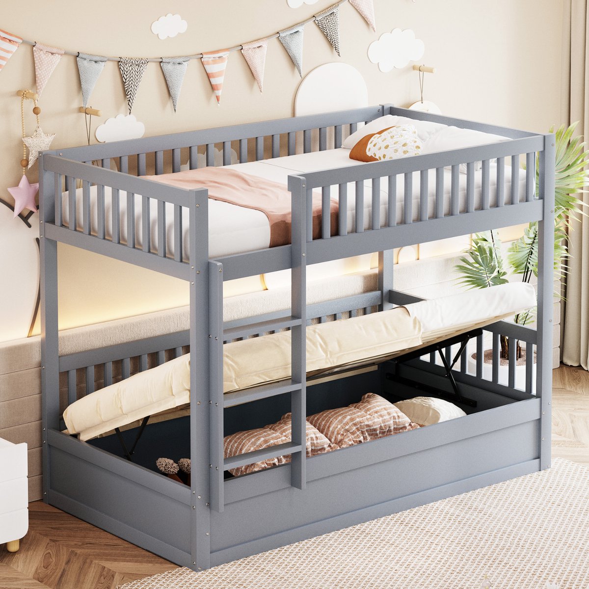 Kinder stapelbed - ruimtebesparend met hydraulische opbergruimte - 2x 90x200 cm - Grijs - Massief grenenhout - Veiligheidsrek en ladder - Inclusief 30-delige lattenbodem