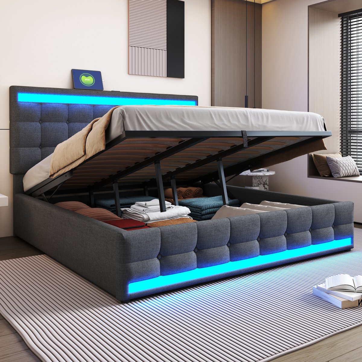 Gestoffeerd hydraulisch opbergbed met LED en USB - 180x200 cm - Grijs linnen - Verstelbaar hoofdeinde - App-gestuurde RGB-sfeerverlichting