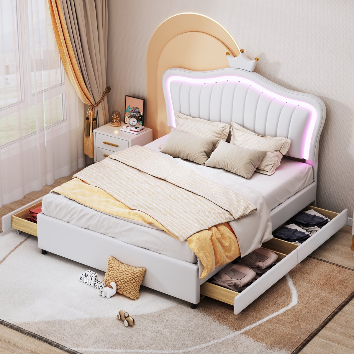 Gestoffeerd kinderbed met kroonhoofdeinde - 140x200 cm - Wit PU-leer - Inclusief LED-verlichting en lattenbodem - 4 opberglades - In hoogte verstelbare rugleuning - 16 kleuren met afstandsbediening