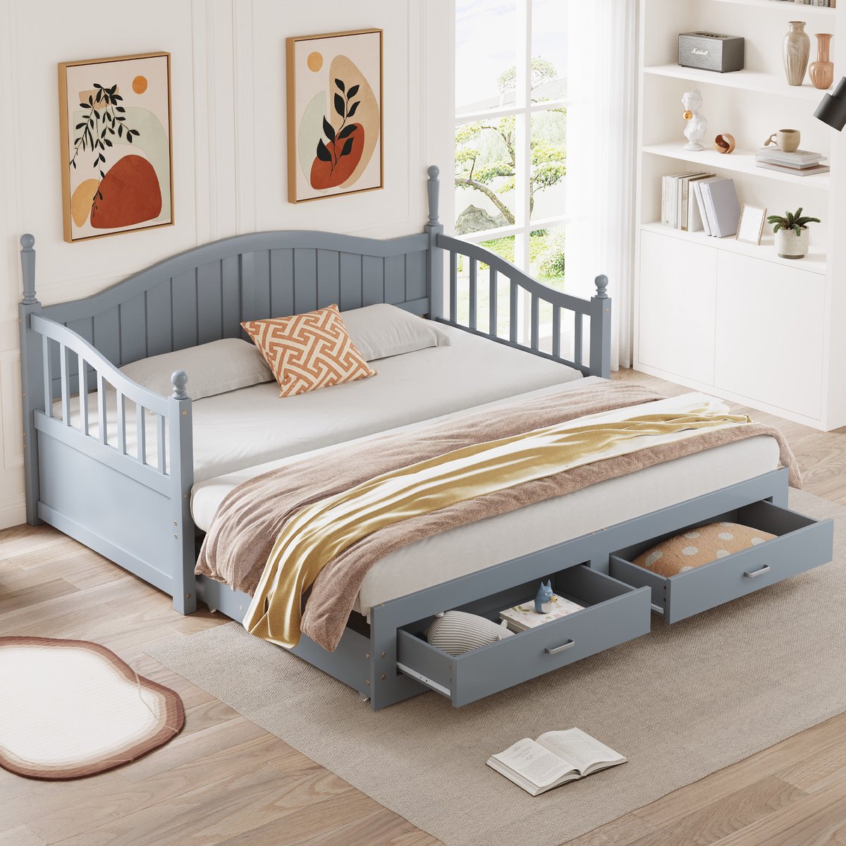 Uitschuifbare houten slaapbank met lades - van 90x190 naar 180x190 cm - grijs - Romeinse zuil-armleuningen en gebogen rugleuning - massief grenenhout - incl. 27-delige lattenbodem