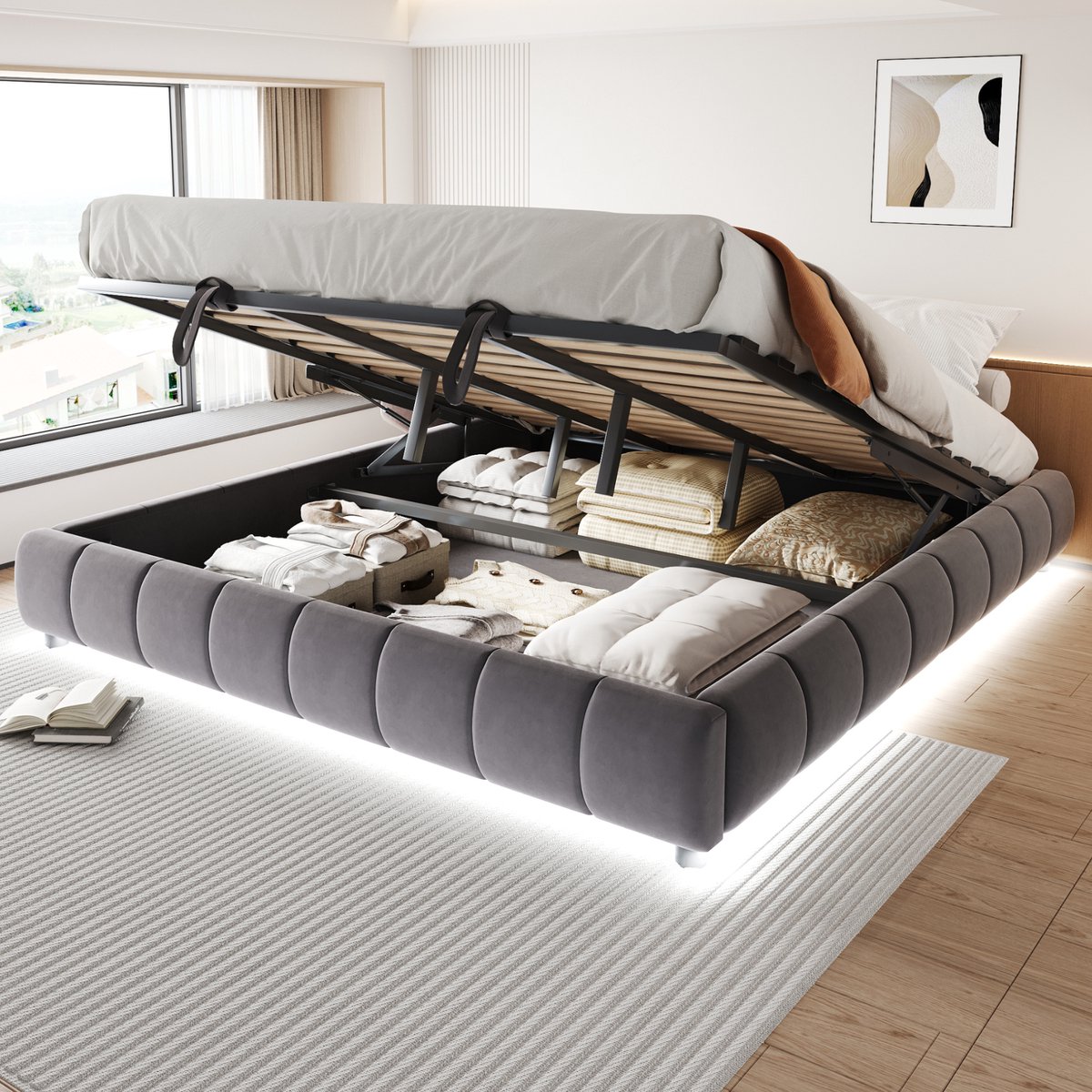 Hydraulisch opbergbed zonder hoofdeinde - Zwevend design - 180x200 cm - Grijs - Hydraulisch liftsysteem - LED-verlichting onder het bed - Gestoffeerd frame