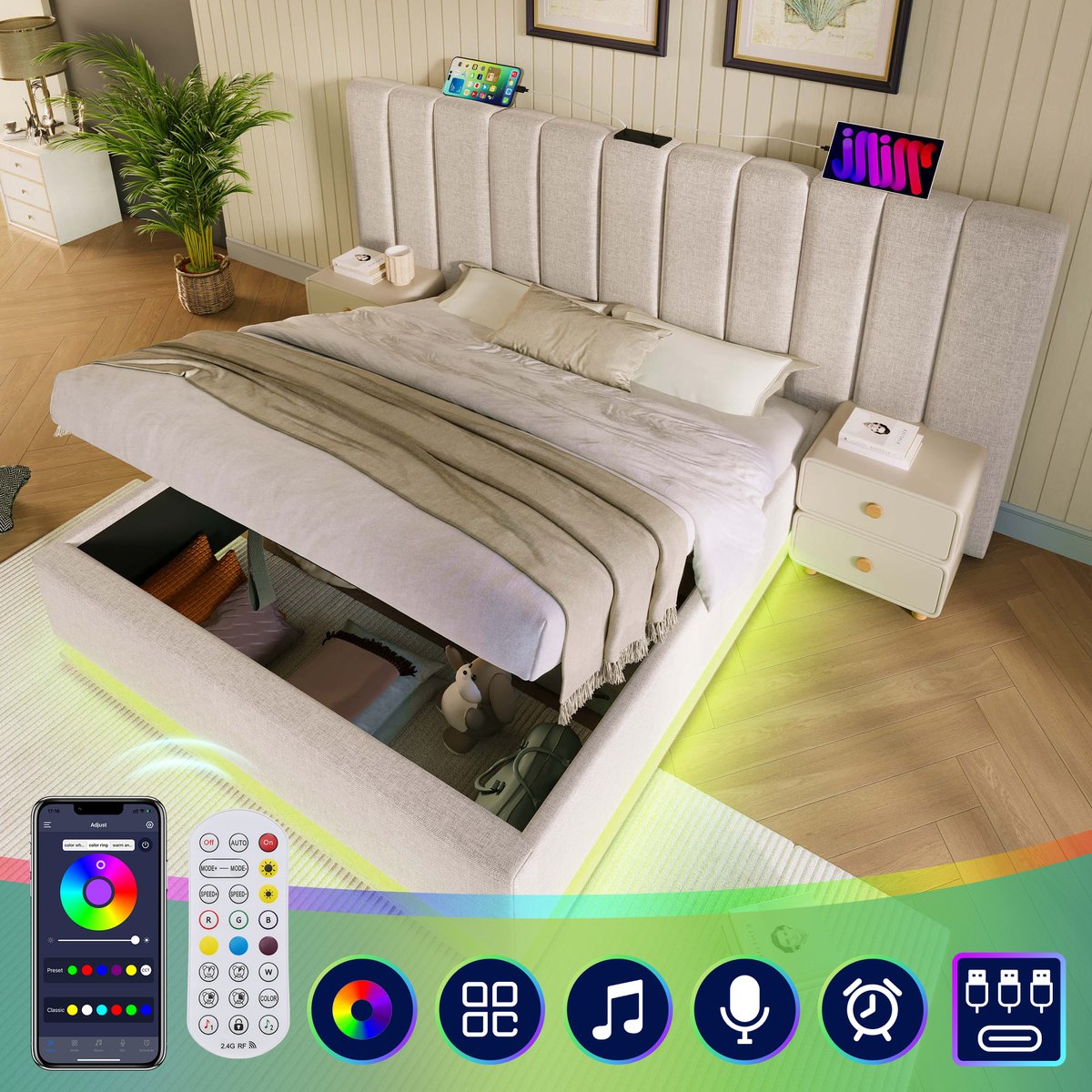 Gestoffeerd tweepersoonsbed 180x200 cm - Hydraulische opbergruimte, 360° LED en USB-C - Beige linnen - App-gestuurde sfeerverlichting en 3 USB-poorten - Inclusief houten lattenbodem