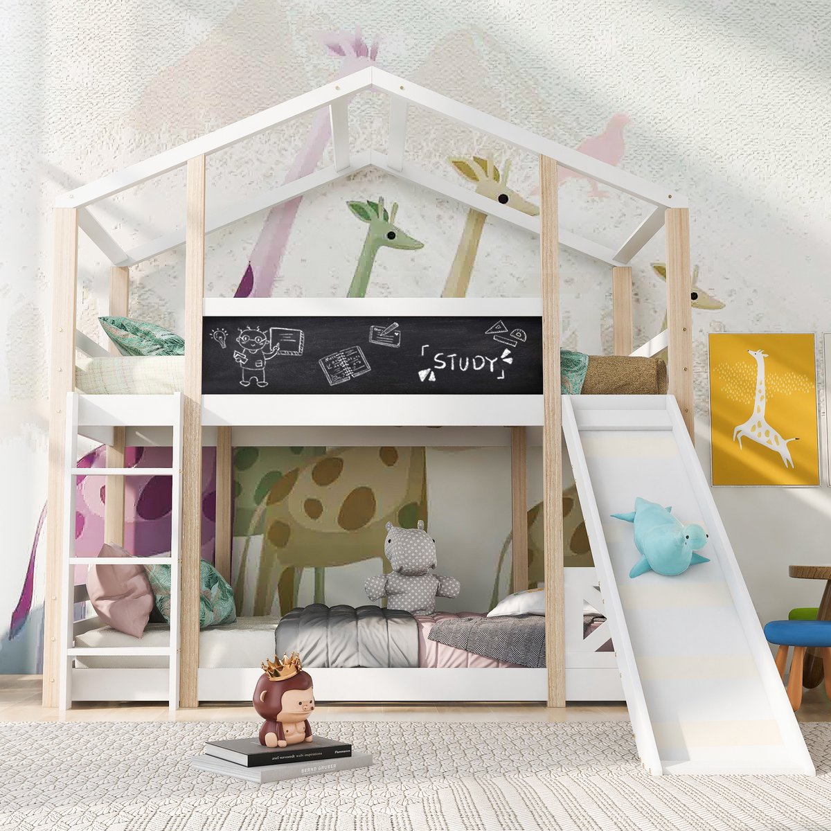 Kinderhoogslaper met glijbaan - Boomhut design voor avontuurlijk speelplezier - 90x200 cm eenpersoons - Natuur+Wit - Inclusief 2 lattenbodems, EN747-gecertificeerd