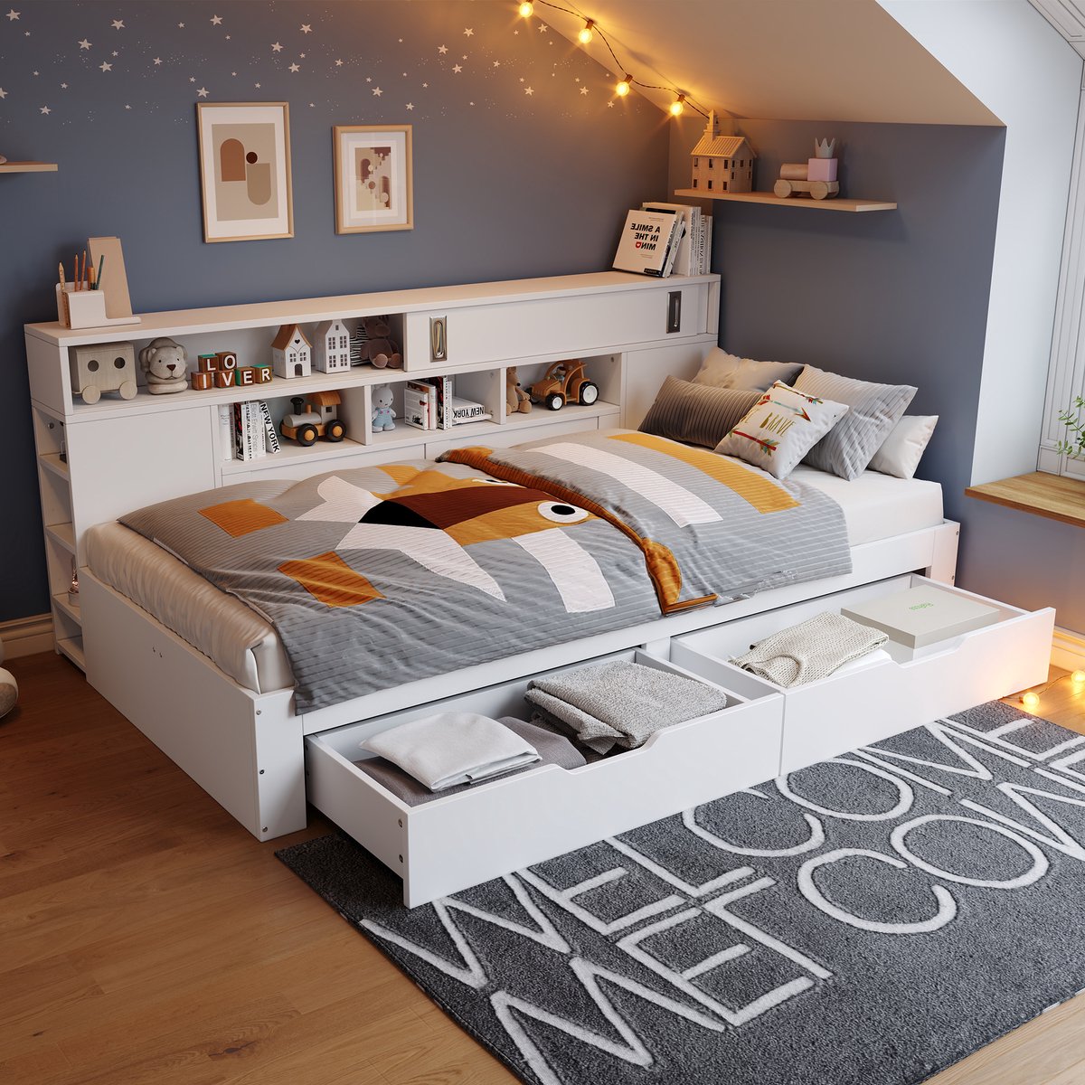 Multifunctioneel dagbed 90x200 cm - Slaapbank met opberglades, kast en boekenplank - Wit - Inclusief lattenbodem - Geschikt als kinderbed of logeerbed
