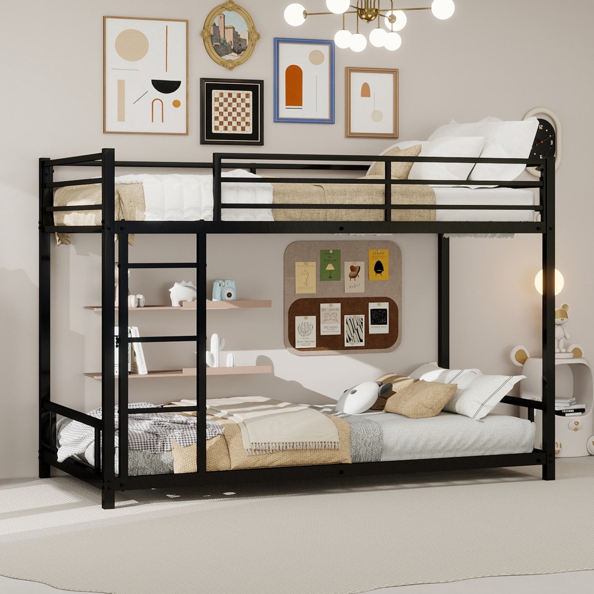 Metalen stapelbed - Stil en stevig voor kinderkamers en kleine ruimtes - 2x 90x190 cm - Zwart - Met 33 cm veiligheidsrek en 3-traps ladder - Draagkracht 200 kg per bed - Geen boxspring nodig