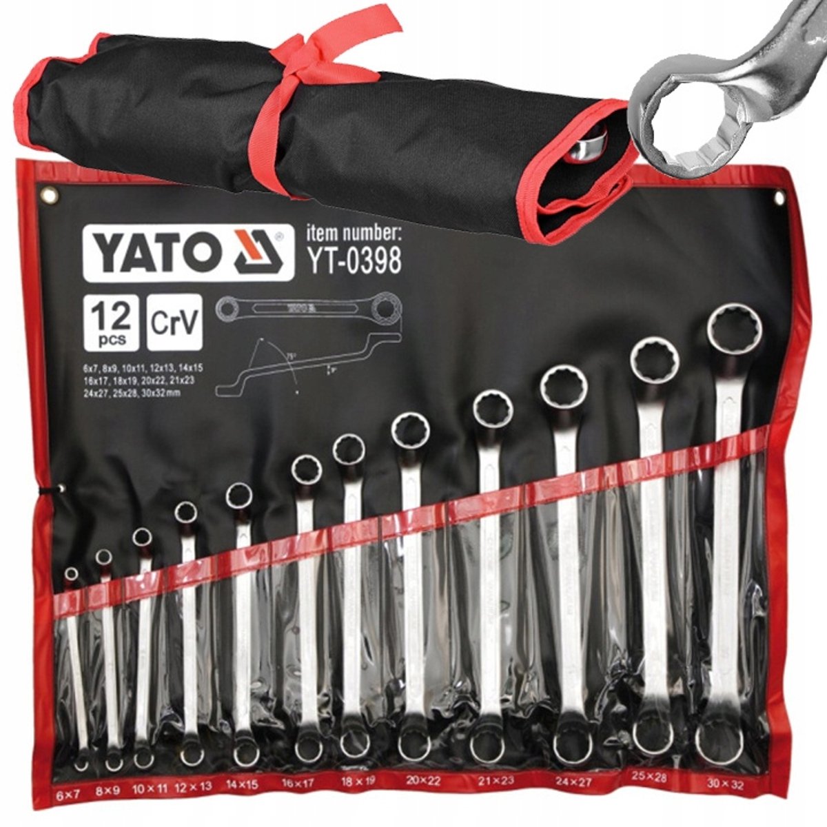 Set van 12 gebogen ringsleutels 6-32mm, 75° hoek, CrV staal