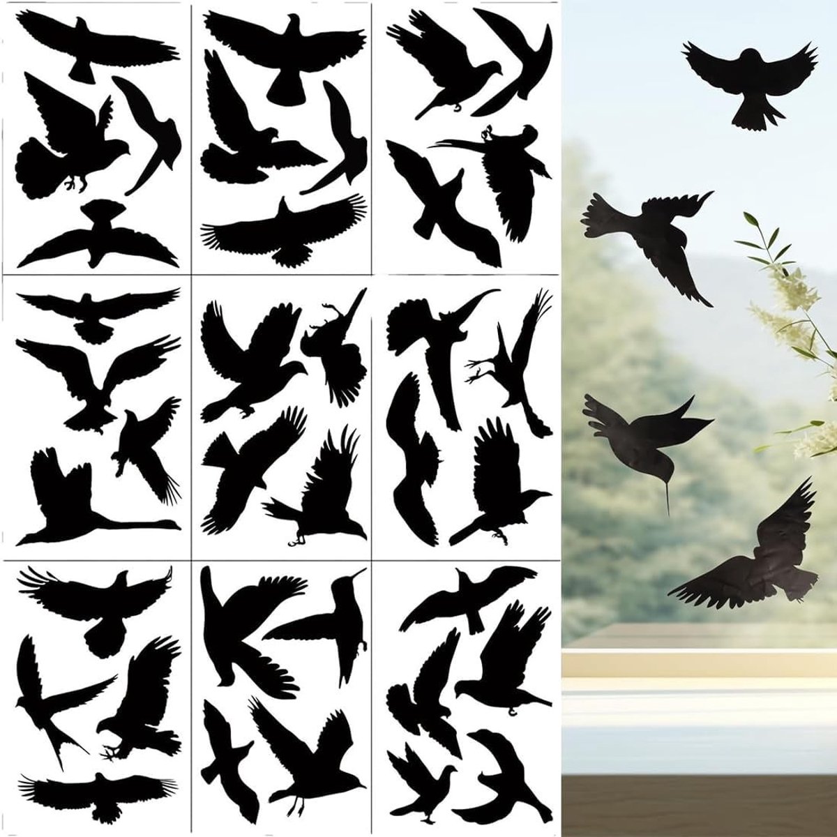 Zelfklevende raamstickers voor vogelbescherming - 36 stickers voor vensters, bescherming tegen vogels, decoratieve zwarte stickers voor ramen en vogelveiligheid