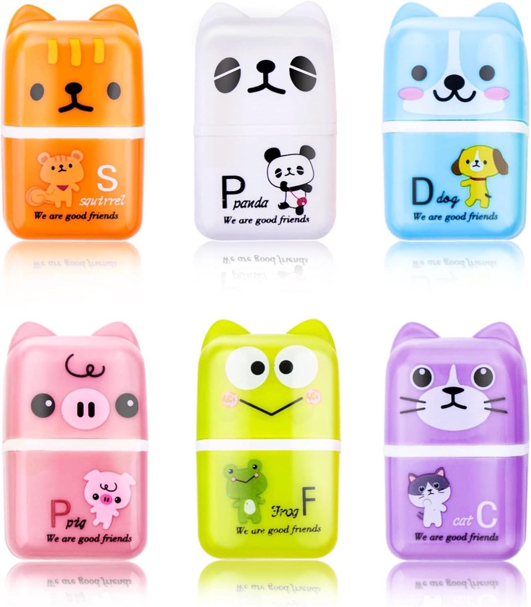 Schattige Cartoon Gum, 6 Stuks Dieren Gummen voor Kinderen met Slijper en Opbergdoos voor School en Feestjes