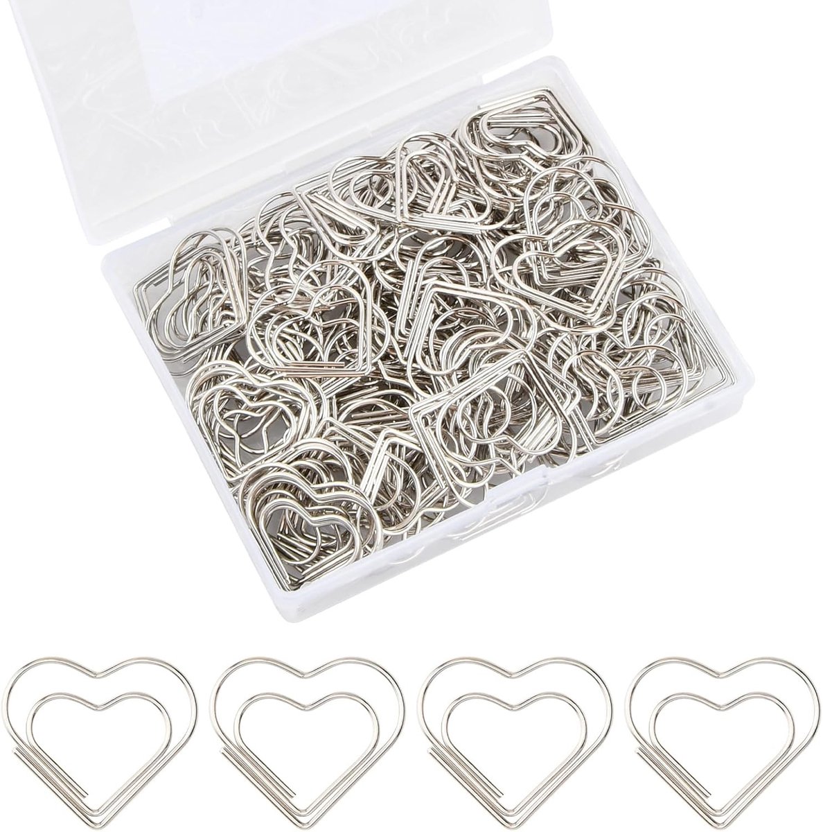 Set van 100 Hartvormige Paperclips in Goud met Duidelijke Opbergdoos - 2,8 cm, Perfect voor Kantoor en Creatieve Projecten