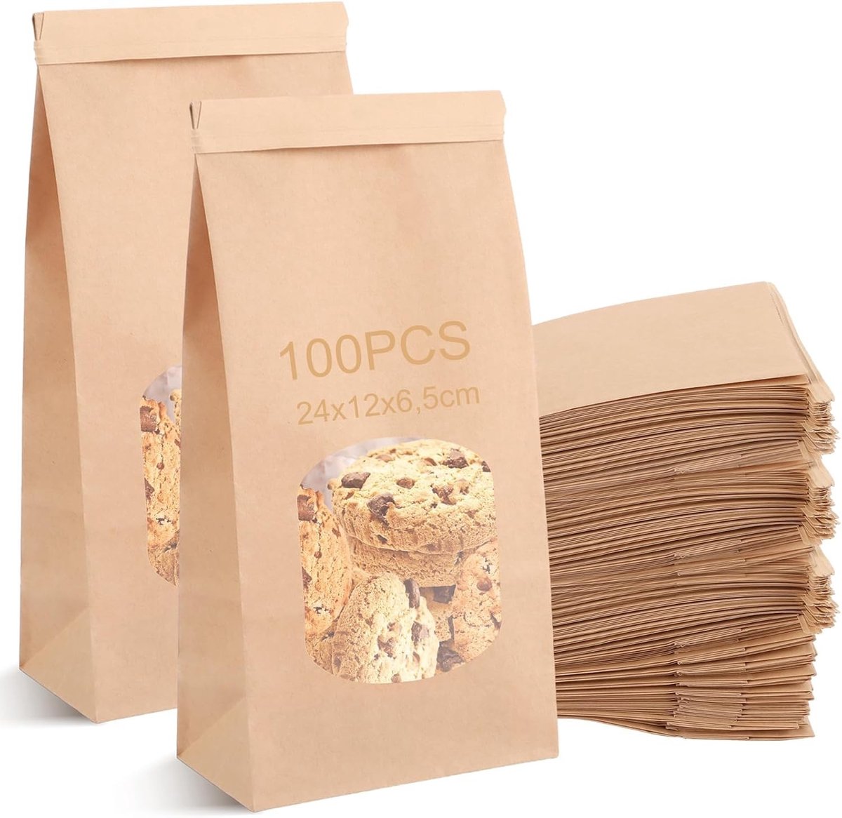 Pack van 100 papieren zakken met venster, 24 x 12 x 6,5 cm, kleine zakken voor brood, koekjes en snoepjes, ideaal voor snacks en koffiebonen