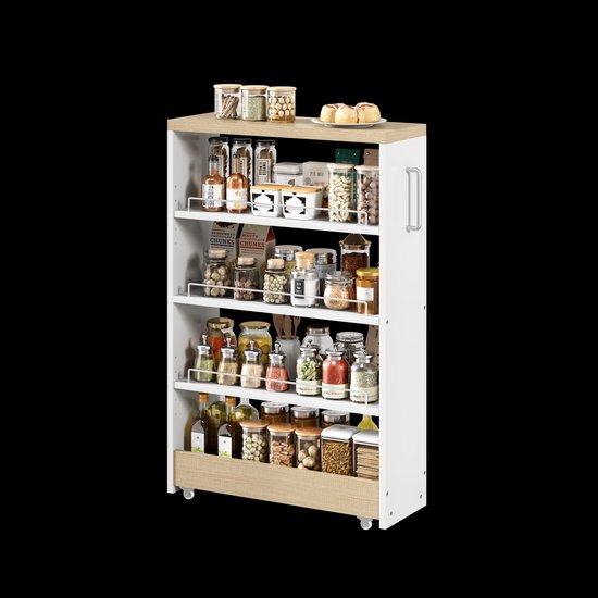 Wishdor Smalle opbergtrolley op wielen - 16 cm breed - 4 verstelbare legplanken - Wit met houtlook - MDF - Metalen reling - Keuken en badkamer - 55 x 16 x 85 cm — afbeelding 3