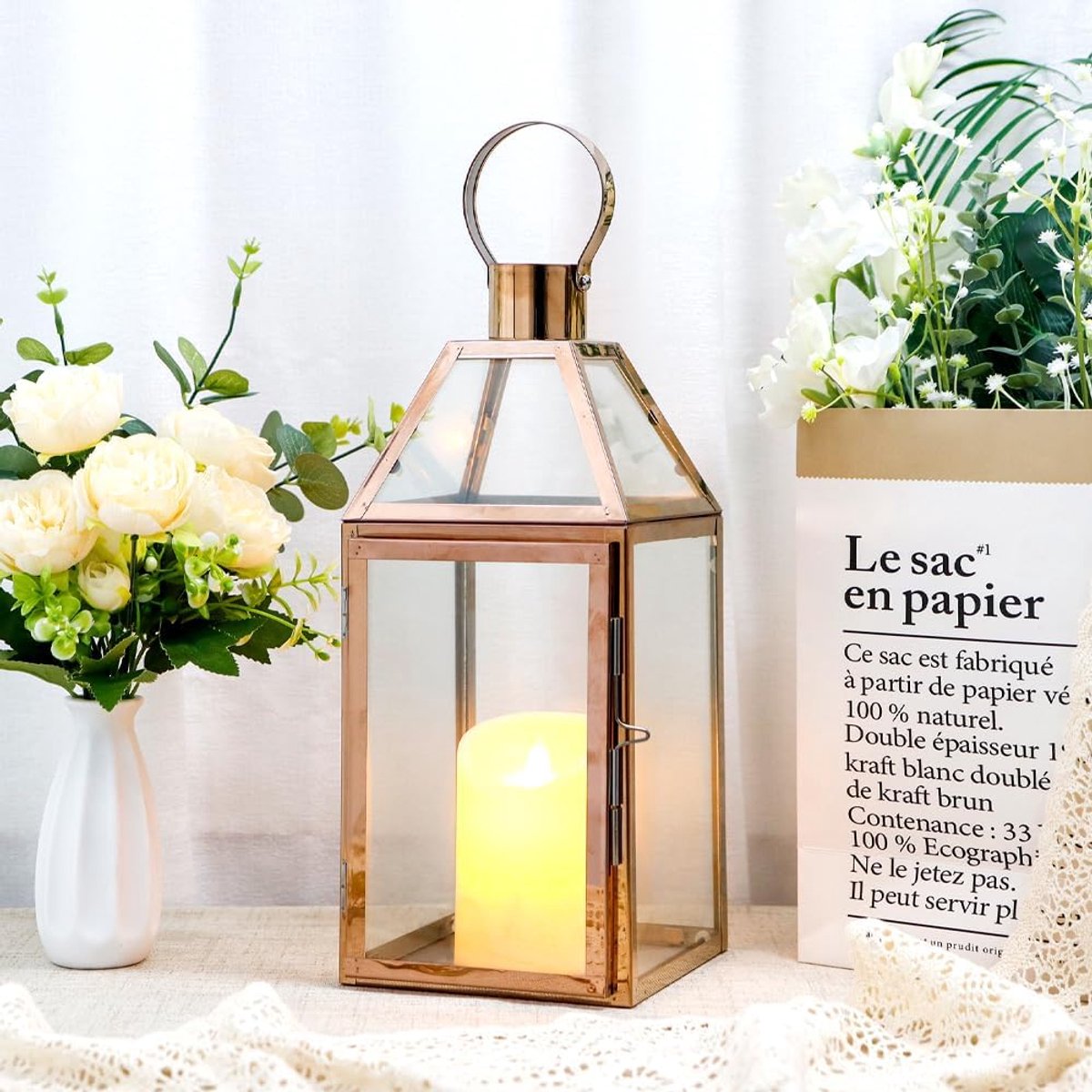 JHY DESIGN Rose Gold Decorative Lanterns 34cm High Stainless Steel Candle Lanterns with Tempered Glass for Indoor - ShopVlot