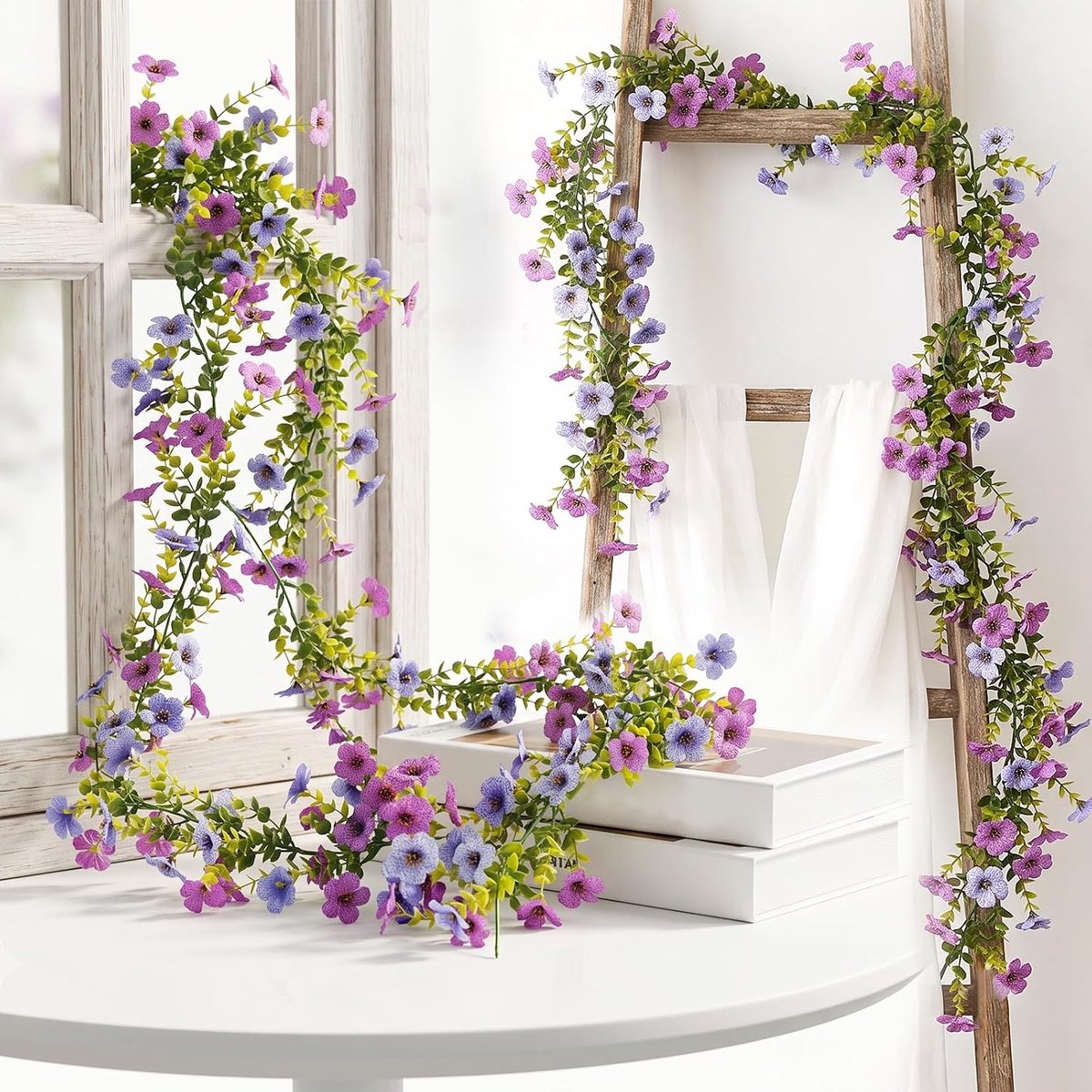 2 stuks bloemenslinger, decoratie, paarsblauw, 180 cm, kunstbloemen, hangend, 126 bloemkoppen, kunstbloemen, hangend - ShopVlot