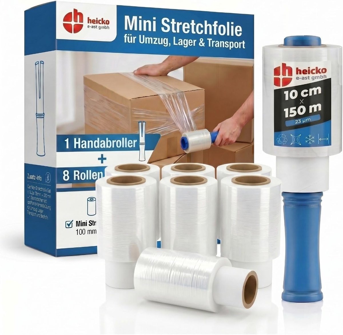 h Stretch Film Pack of 8 23 µm 100 mm x 150 m with Hand Roller, Tear-Resistant Mini Stretch Film Transparent Packaging - ShopVlot