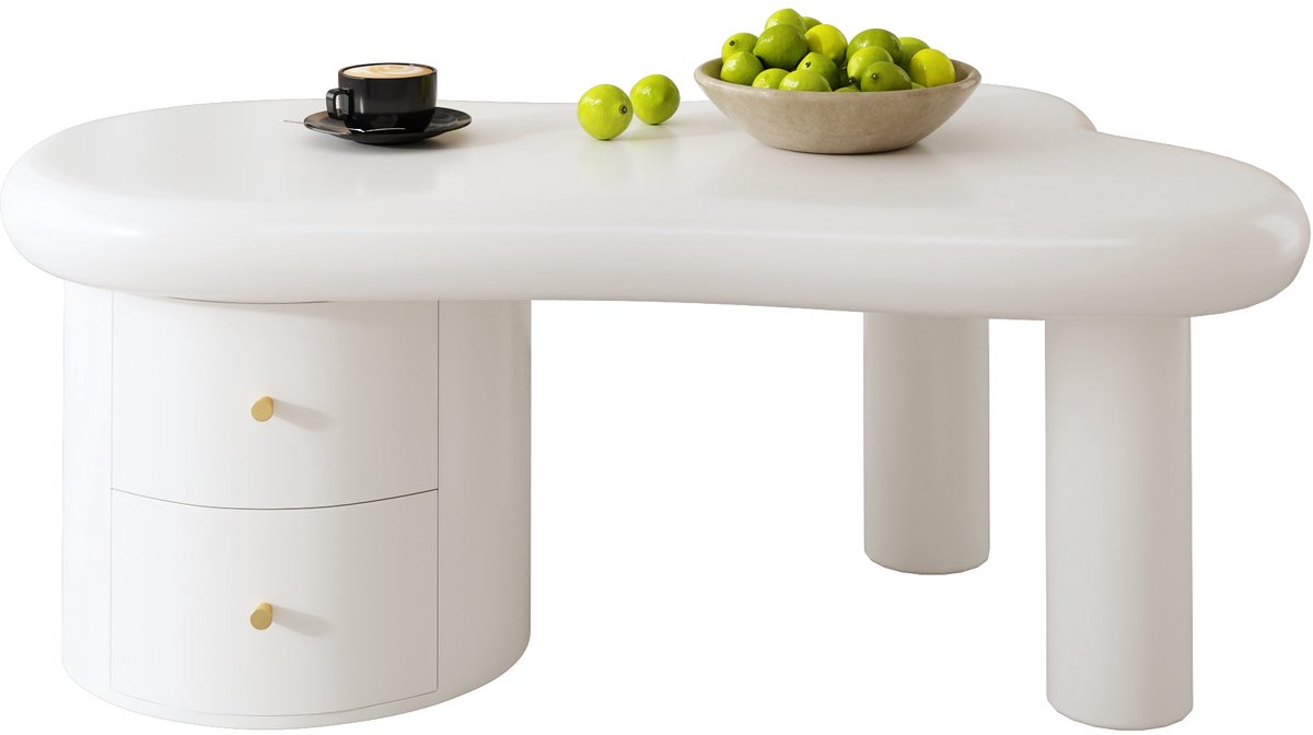 Merax Salontafel 97 x 64 x 42 cm - Organische Vorm - 2 Laden - Afgeronde Randen - Wit - MDF